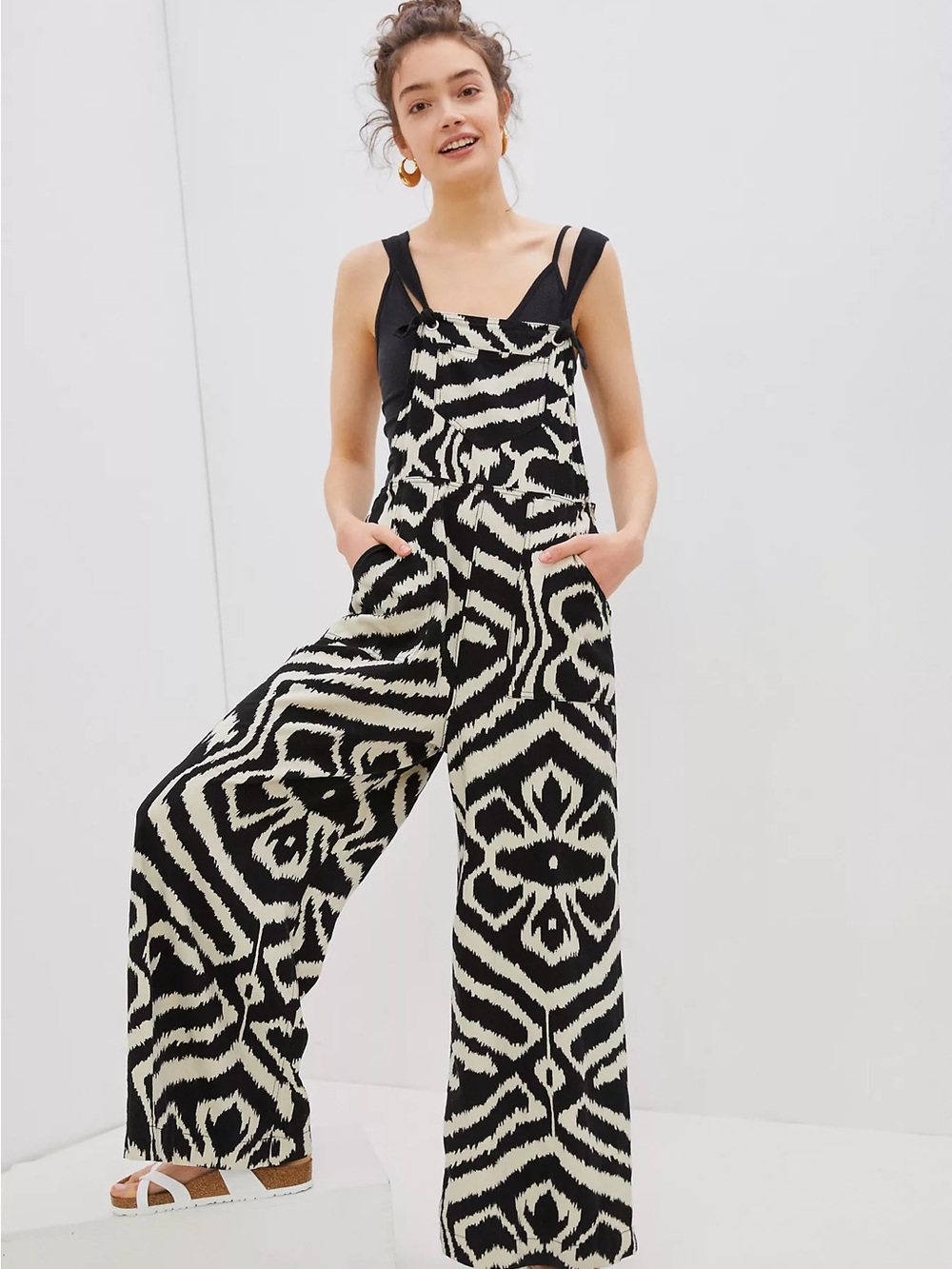 Anthropologie Constance Black & White Ikat-Print Wide-Leg Jumpsuit